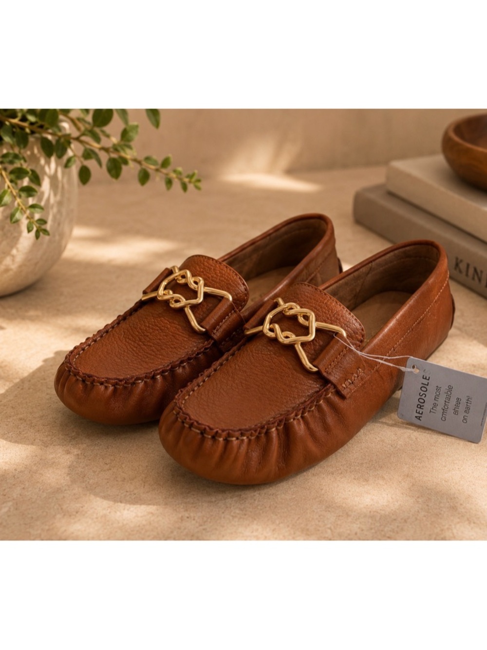 AEROSOLES Brown Leather Slip-On Loafers with Gold Chain Accent